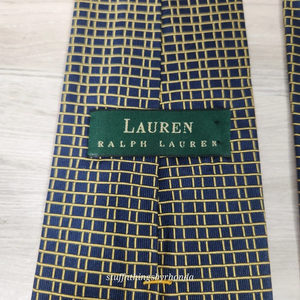 Lauren Ralph Lauren 100%‎ Silk Textured Men's NeckTie Navy With Yellow X-long